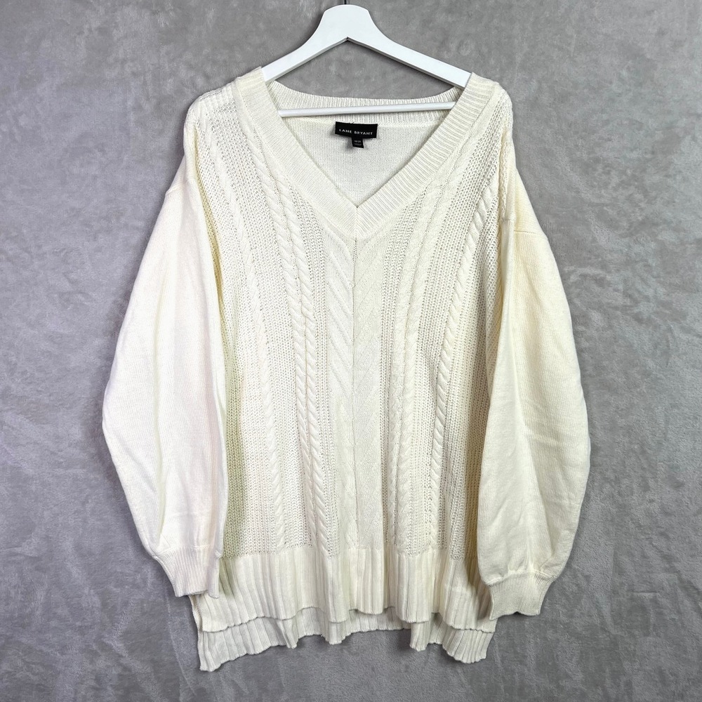 Lane Bryant Knit Cream White 18/20 Pullover V Neck Sweater Cozy Preppy Fisherman